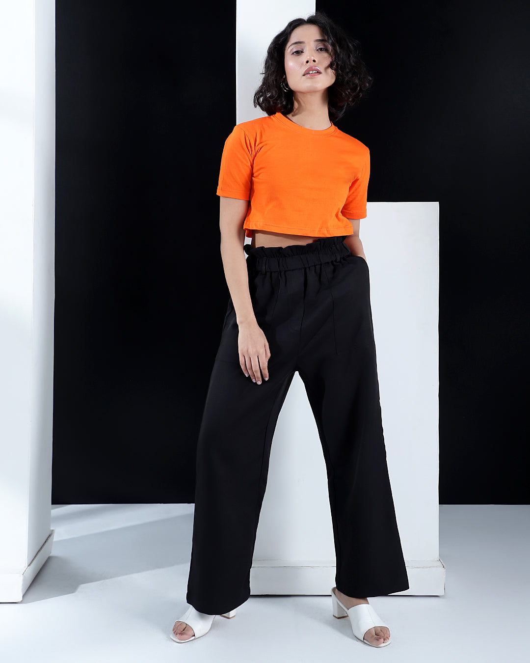 Women's Black Solid Paperbag Trousers