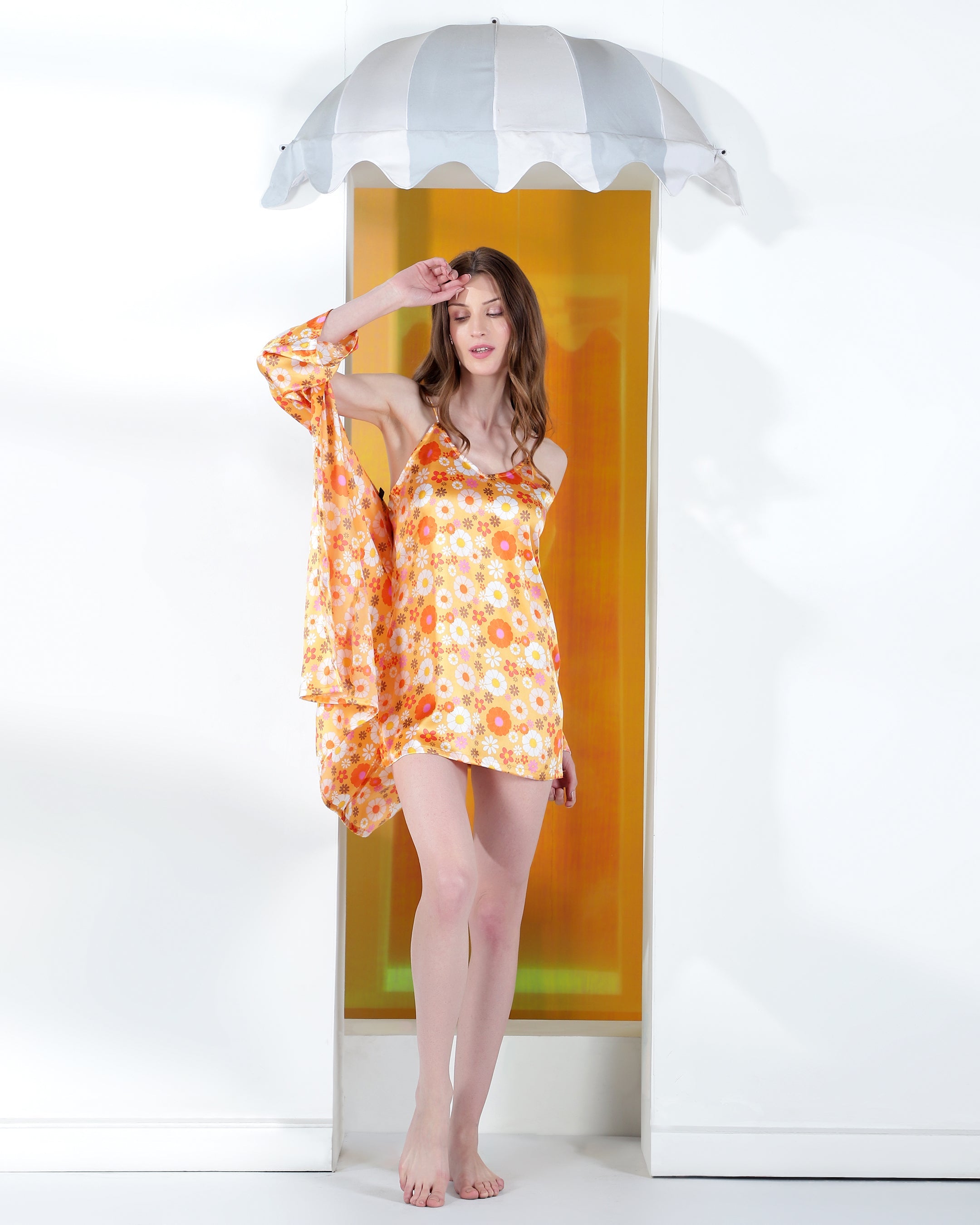 Women's Orange Printed Night Mini Dress With Shrug