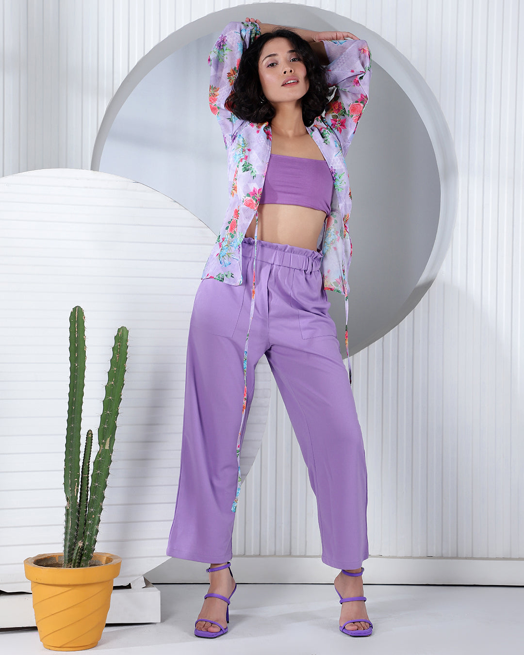 Women's Purple Solid Paperbag Trousers
