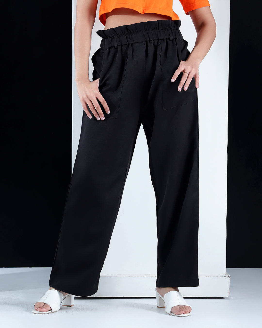 Women's Black Solid Paperbag Trousers
